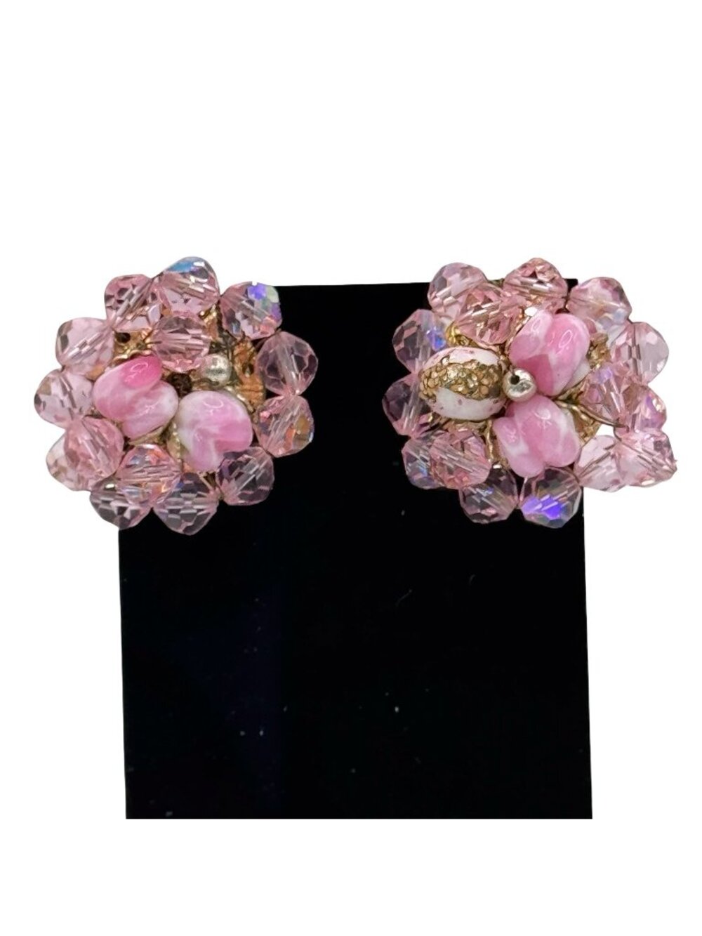 Vendome Pink Crystal Beaded Cluster Clip-On Earrings Gold-Tone Vintage Signed 1"